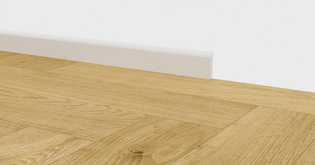 Soklova lista BUKOMA PROFI-60 Bila s podlahou NEOERA 3D TEX Herringbone U-CLICK Dub Karamelový